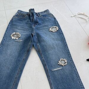 AREA Blue Straight-Leg Jeans with Crystal Embellishments